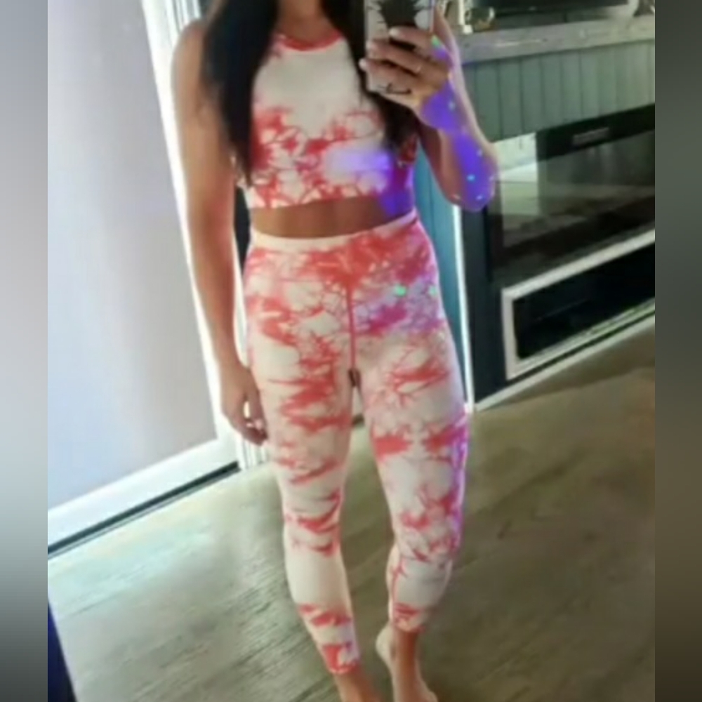 Mono B coral and white tie dye workout set